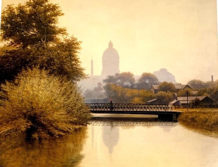 LibbyCierzniak's tweet image. Hoosier Group artist Richard Gruelle died 120 years ago today.  His painting of the Statehouse dome reflecting on the Canal is one of my favorite Statehouse images.
