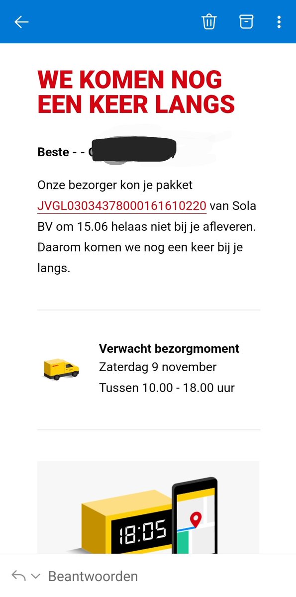 Heleen50's tweet photo. @DHLNL ik blijf speciaal thuis om pakketje in ontvangst te kunnen nemen, maar bezorger is niet bij mij aan de deur geweest en toch krijg ik een melding dat ik niet thuis was. https://t.co/cqmeU3aO83