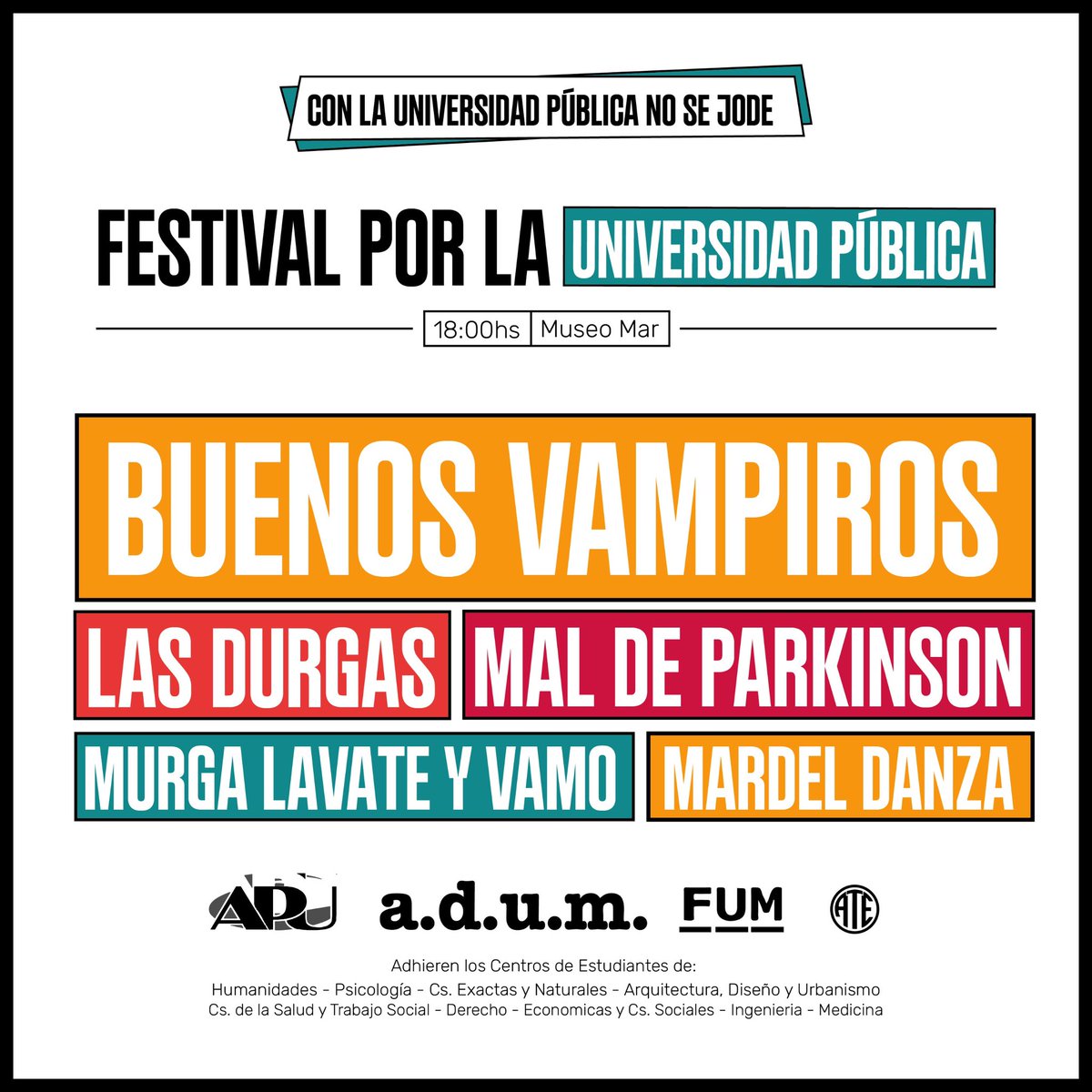Como parte del plan de lucha nacional en defensa de la
Universidad Pública, este viernes
8 de noviembre impulsamos la primera Marcha Regional, que terminará en un gran Festival de Música y una Muestra de Ciencias en el Museo Mar. Concentramos a las 16.30 en el Rectorado.
<a href="/unmdp/">Universidad Nacional de Mar del Plata</a>