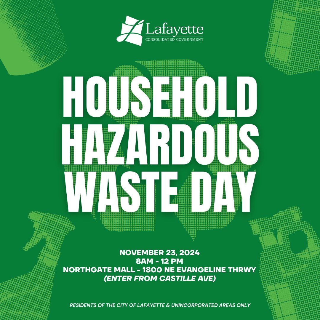 ♻️ Household Hazardous Waste Day is coming up! Residents can safely dispose of hazardous household materials on Nov. 23 from 8 am to 12 pm at the Northgate Mall. 

Click here for more: lafayettela.gov/public-works/h…