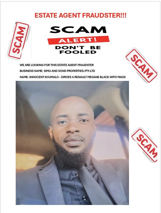Boipelo007's tweet photo. @Dr_Shiyaklenga Here’s a real scammer. He scammed a black couple in Benoniclaims to sell property. Stay alert. https://t.co/nz6Cyelh6H