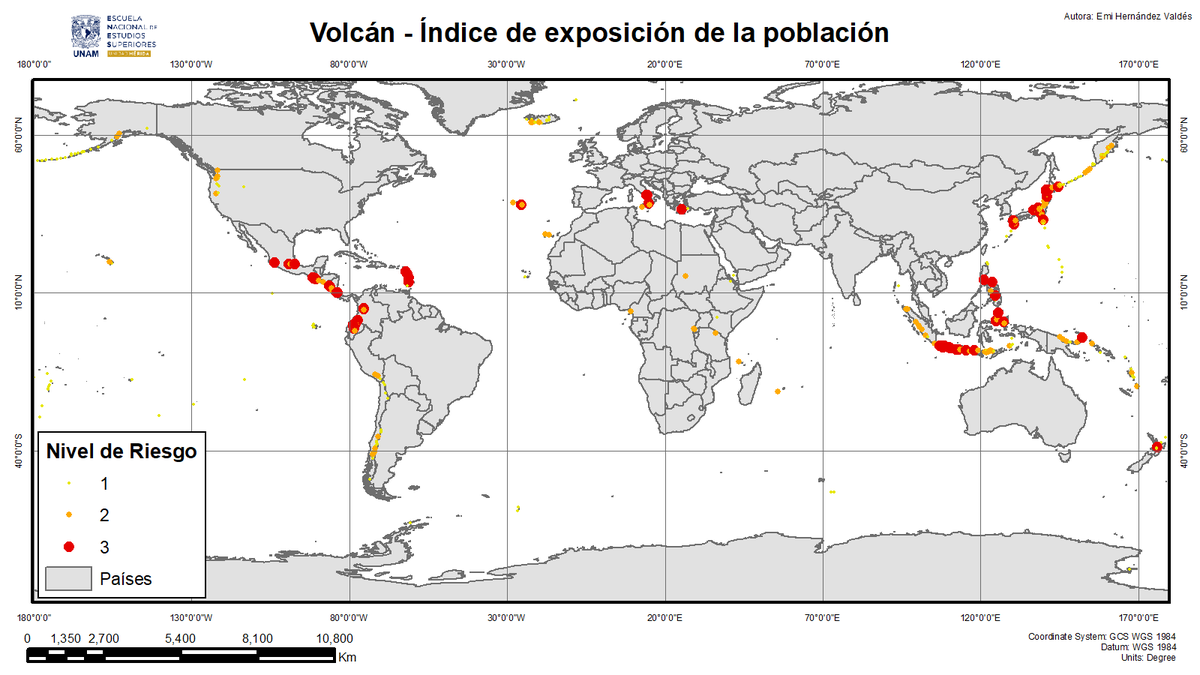 GeoEnYucatan's tweet photo. #30DayMapChallenge:HDX(1). Geóg Emi Hernández Valdes. Los HDX son datos humanitarios disponibles para toda la población, que se encuentran en un mismo sitio. Esta capa presenta el riesgo volcánico para poblaciones expuestas a nivel global. Considera aspectos como la peligrosidad https://t.co/swewXHVgUJ