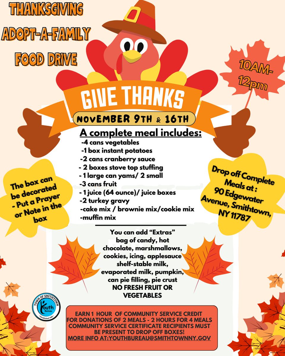 This past weekend was the start of drop offs for our Thanksgiving Food Drive. Thank you to all who donated! Missed us this weekend? No worries- join us again Saturday November 16th 10 AM - 12 PM at 90 Edgewater Ave, Smithtown.