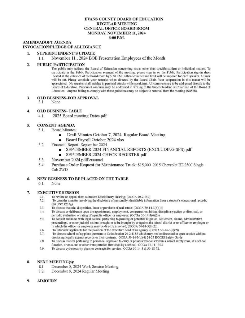 ECCSS Board of Education
Regular Board Meeting
Monday, November 11, 2024  6:00pm
District Office Board Room