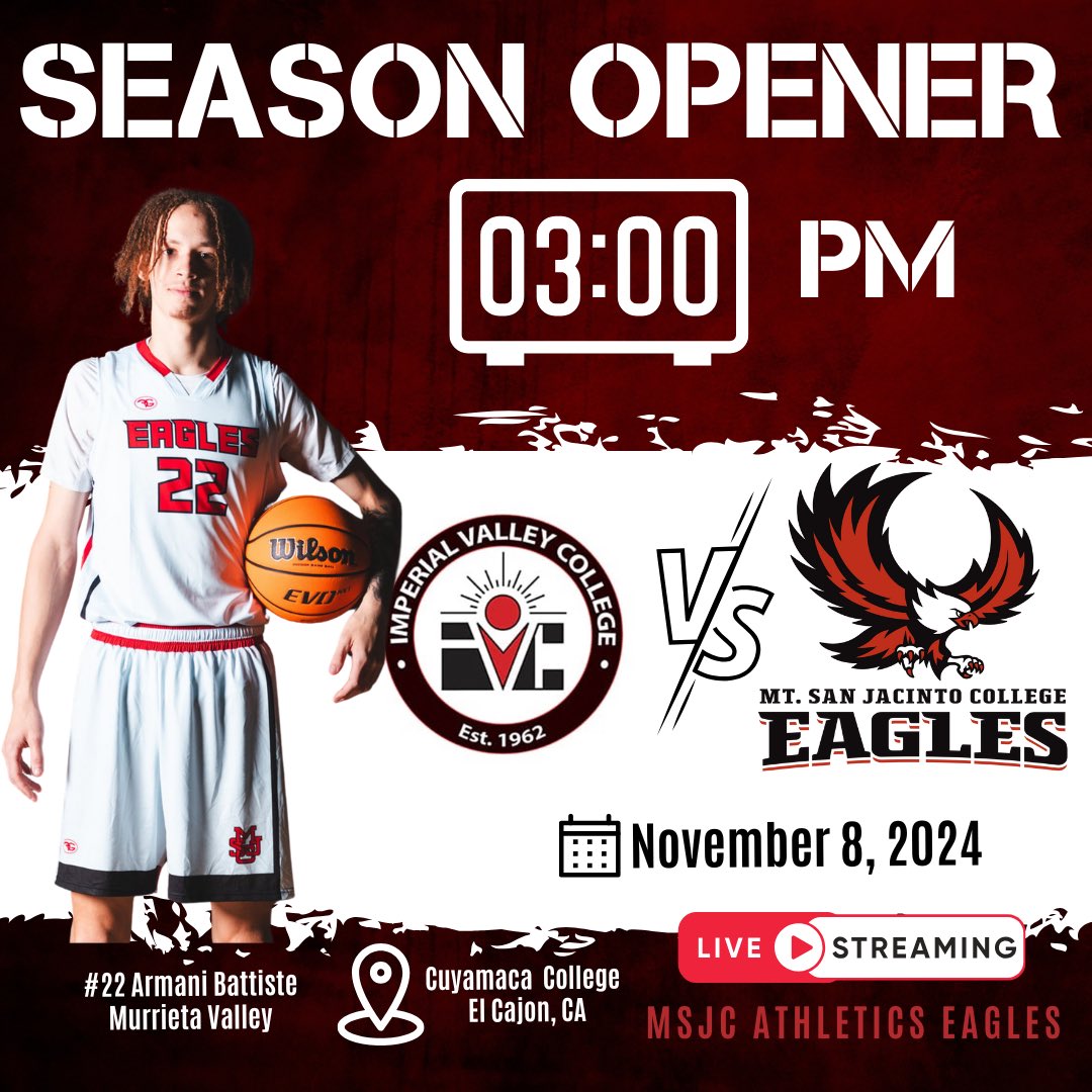 Today we open our 24-25 season vs Imperial Valley College at 3 pm at Cuyamaca College. if. can’t make the trip, we will be live on our YouTube channel @MSJCathelticseagles