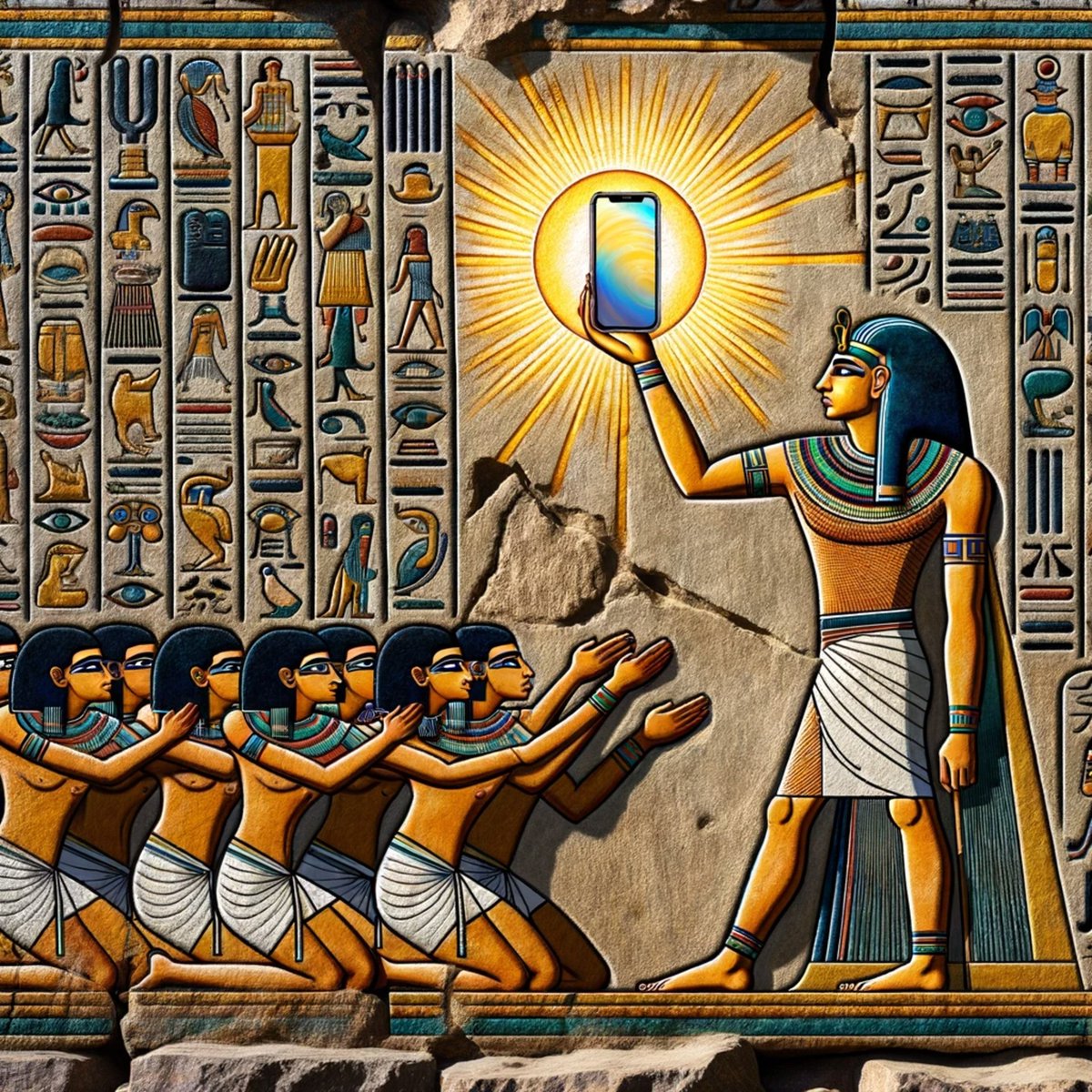MrCodeToast's tweet image. Behold, the sacred iPhone 14, worshipped as the new sun god 🌞📱 Ancient rituals have evolved—now we sacrifice our screen time instead of livestock. #ModernWorship #TechGods #AncientMemes