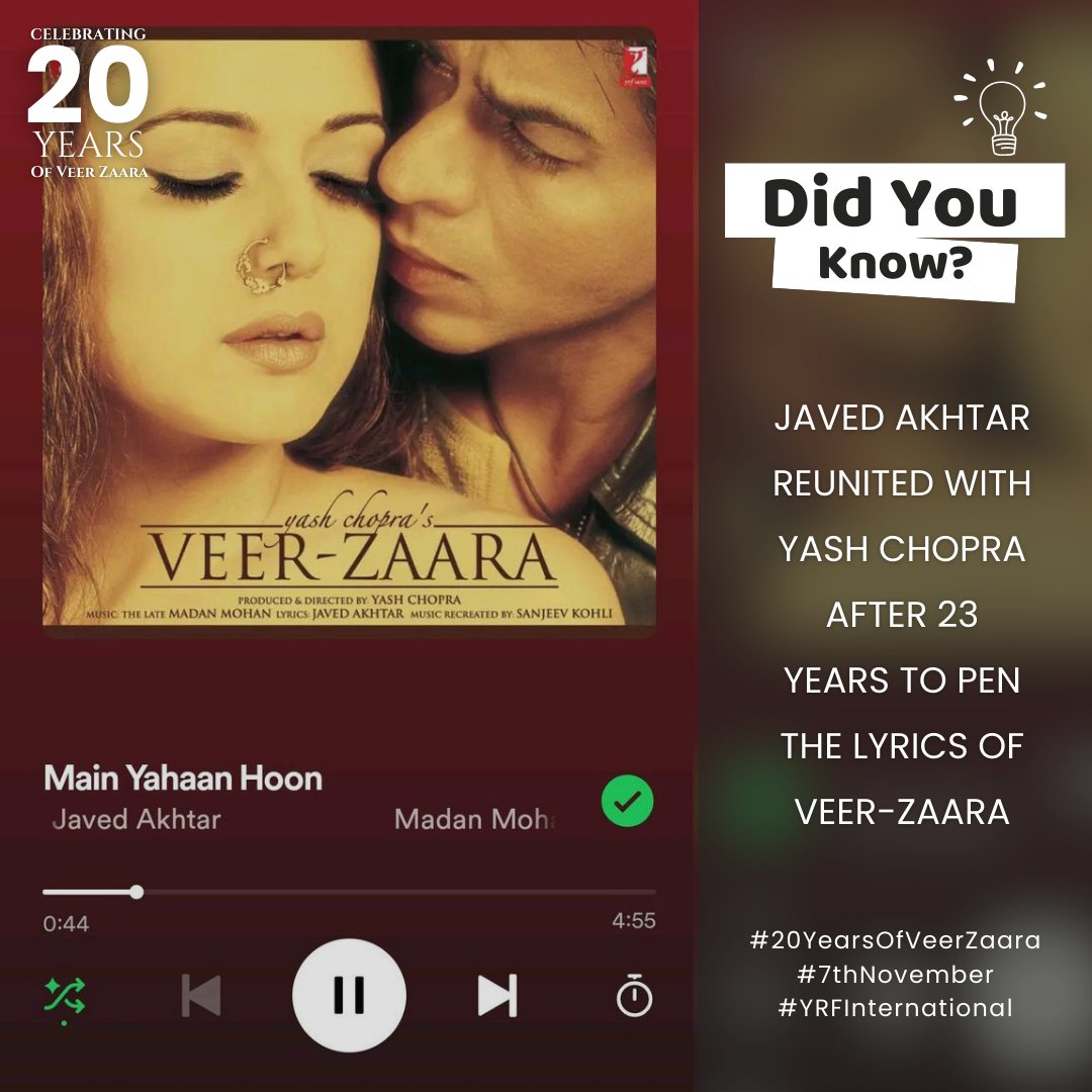 Did you know? After 23 years, Javed Akhtar and Yash Chopra reunited to create magic once more with the soulful lyrics of Veer-Zaara. A legendary collaboration for a timeless love story!🎶🎶🎶

#20yearsofveerzaara  #yrfinternational #VeerZaara
