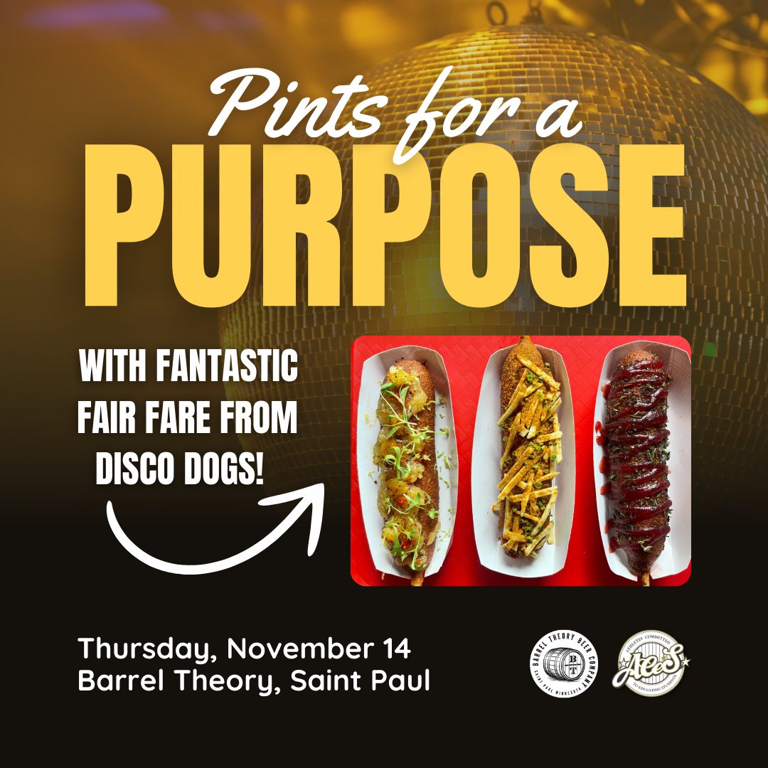 ACES (@aces4kids) on Twitter photo Pints for a Purpose is NEXT THURSDAY – and we’ve got a tasty twist! 🎉 Disco Dogs will be serving up state fair-inspired eats, including mouthwatering corndogs! 🕺🌭
Join us 4-9 PM at <a href="/BarrelTheory/">Barrel Theory</a> for great food, great beer, and a great cause! 🍻
RSVP: aces4kids.kindful.com/e/pints-for-a-… Pints for a Purpose is NEXT THURSDAY – and we’ve got a tasty twist! 🎉 Disco Dogs will be serving up state fair-inspired eats, including mouthwatering corndogs! 🕺🌭
Join us 4-9 PM at <a href="/BarrelTheory/">Barrel Theory</a> for great food, great beer, and a great cause! 🍻
RSVP: aces4kids.kindful.com/e/pints-for-a-…