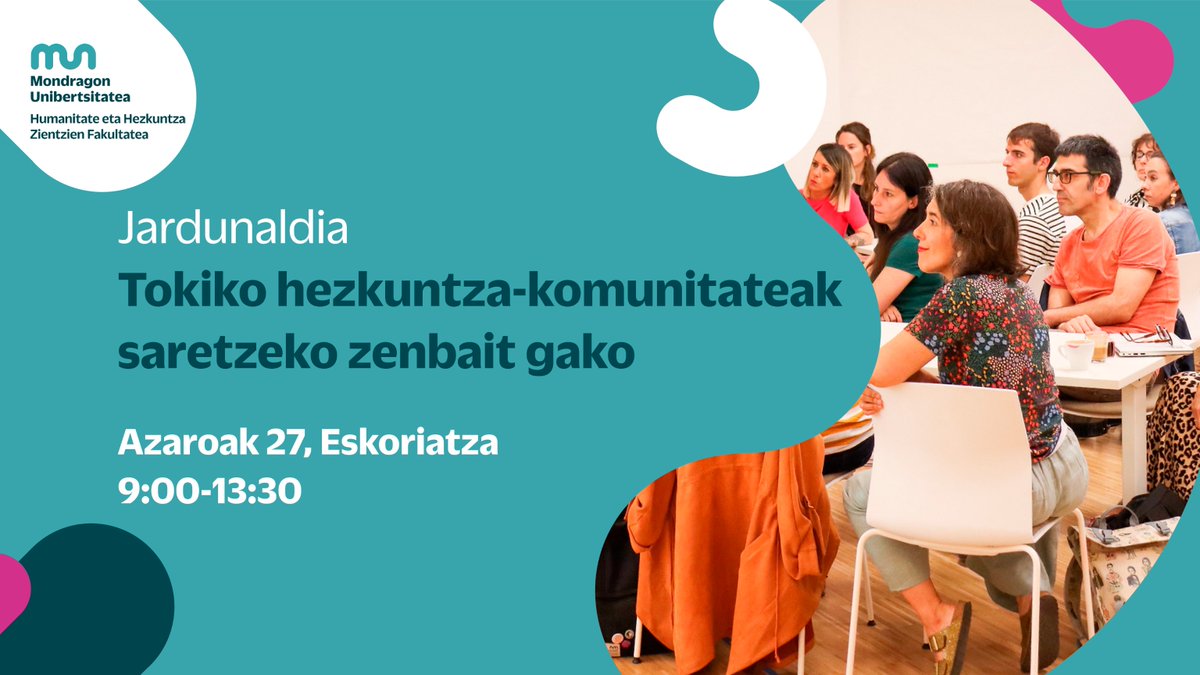 ‘Tokiko hezkuntza-komunitateak saretzeko zenbait gako’ jardunaldia antolatu dugu, tokiko hezkuntza-sareak sortzeko prozesuen erraztailetzan dabiltzan eragileekin hausnartzeko.

📍#Eskoriatza
📆 Azaroak 27
⏰ 9:00-13:30

👉🏼 Informazioa eta izen-ematea: ow.ly/GoEH50U15zW