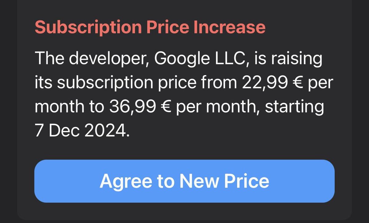 YouTube Premium aumentará su precio a 36,99 € al mes en iOS a partir del 7 de diciembre en algunos países.

Se desconoce si será solo en iOS o se extenderá a más plataformas.  El aumento podría deberse a la comisión del 30 % que Apple cobra en las suscripciones de la App Store.