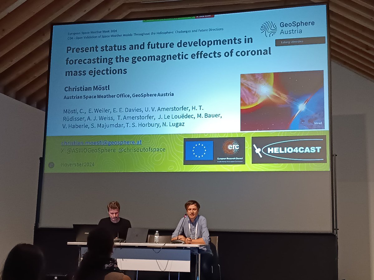 ASWOGeoSphere's tweet image. Wrapping up the #ESWW2024, @chrisoutofspace with a talk on predicting the geomagnetic effects of solar storms, and Ute Amerstorfer presenting a poster on predicting solar storm magnetic fields as they pass over the Earth.
PLUS a first #ESWW workshop about @ESA_Vigil !