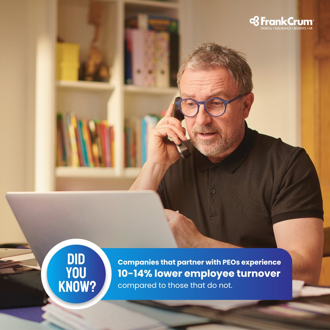 📉 Companies that work with a PEO, like FrankCrum, see up to 14% lower employee turnover. By offering robust HR support, benefits, and payroll solutions, FrankCrum helps you keep your top talent longer. Contact us today! hubs.li/Q02X9jt-0 #DidYouKnow #PEO #PEOBenefits