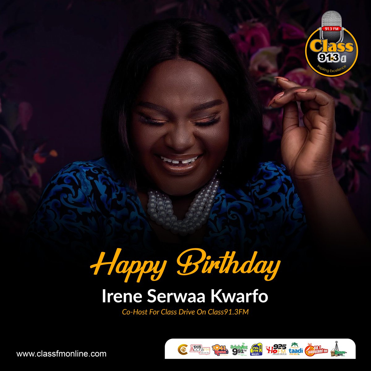 Happy Birthday to the one and only <a href="/IreneKwarfo/">irene serwaa kwarfo</a>! 🎉 
Your laughter is the soul of the Class Drive Show on Class91.3FM, and it brightens our days!
Here’s to more joy and unforgettable moments. Enjoy every laugh today! 🎂

#ClassFM #class913