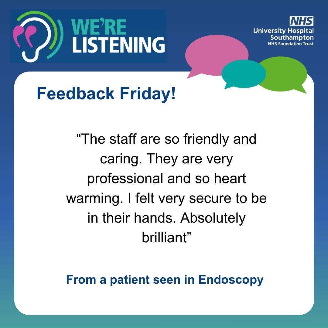 Experience of Care at UHSFT (@wecareuhsft) on Twitter photo Happy Feedback Friday! This is something new we're starting to celebrate the successes of different teams and staff across <a href="/UHSFT/">University Hospital Southampton 💙</a>, with all of the feedback coming from our Friends and Family Tests (FFTs).
Our first Feedback Friday is from a patient seen in <a href="/UHSEndoscopy/">UHS Endoscopy Department</a>🎉 Happy Feedback Friday! This is something new we're starting to celebrate the successes of different teams and staff across <a href="/UHSFT/">University Hospital Southampton 💙</a>, with all of the feedback coming from our Friends and Family Tests (FFTs).
Our first Feedback Friday is from a patient seen in <a href="/UHSEndoscopy/">UHS Endoscopy Department</a>🎉