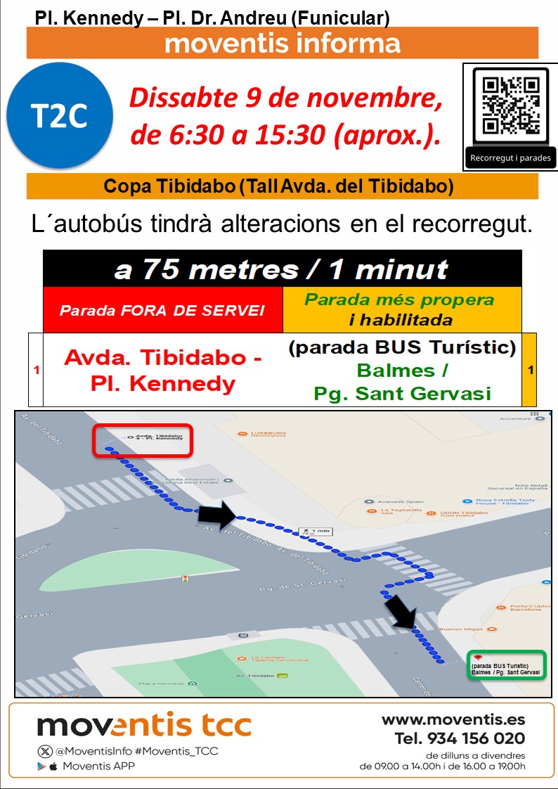 MoventisInfo's tweet image. 🛑BARCELONA
📆Dissabte 9 de novembre, de 6:30h a 15:30h (aprox.)
🚍 #T2c de #TIBIBUS
🚧Avda. del Tibidabo ("Copa Tibidabo")
📣🚏anul.lada i més propera habilitada: 📌bit.ly/4envRUo (parada BUS Turístic) Balmes / Pg. de Sant Gervasi

⚠️Preveieu desplaçaments amb antelació