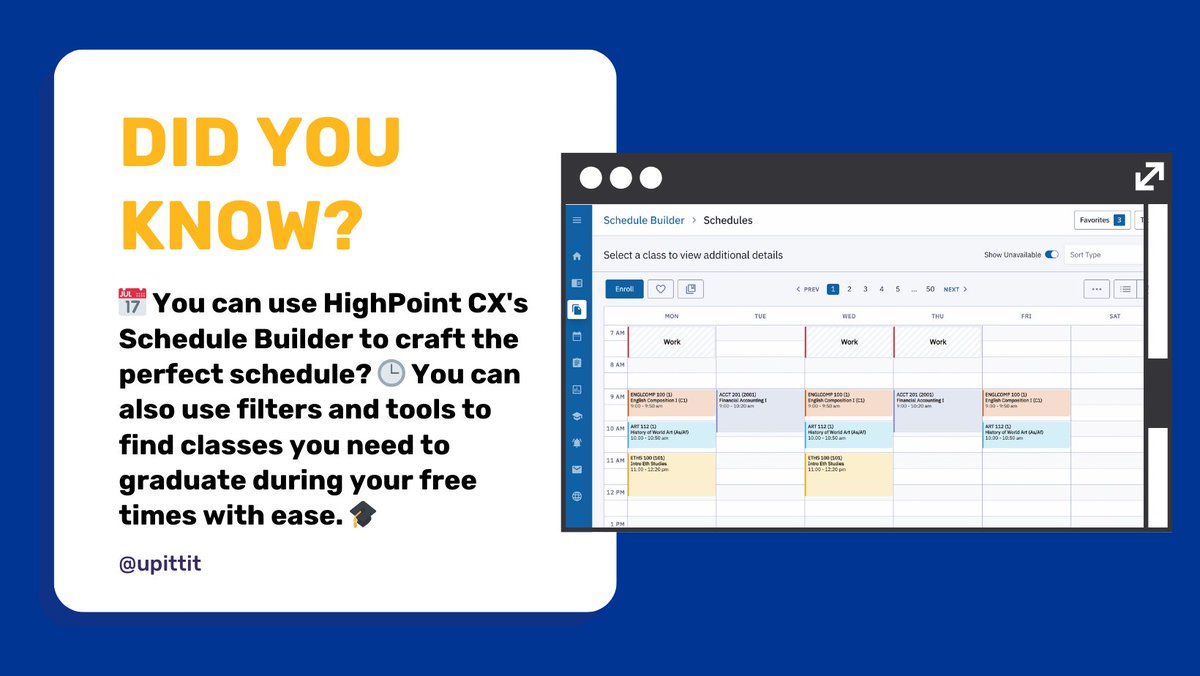 📅 Spring term enrollment starts Saturday! Use HighPoint CX's Schedule Builder to craft the perfect schedule that fits your life. 🕒 Use filters and tools to find classes you need to graduate during your free times with ease. 🎓 #H2P #PittNow