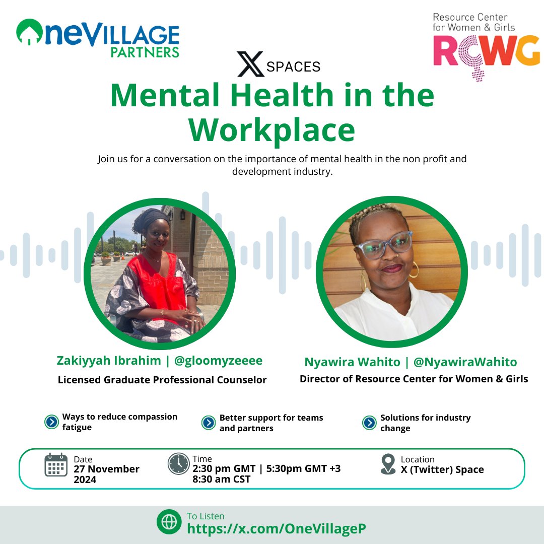 🧠 Join us for a conversation on Mental Health in the Workplace with <a href="/gloomyzeeee/">Zak</a> &amp; <a href="/NyawiraWahito/">Nyawira</a>! Let's talk about reducing compassion fatigue, supporting teams, and making lasting changes in the nonprofit sector. 🗓️ Nov 27 🕒 2:30 pm GMT
Tune in on X: x.com/OneVillageP