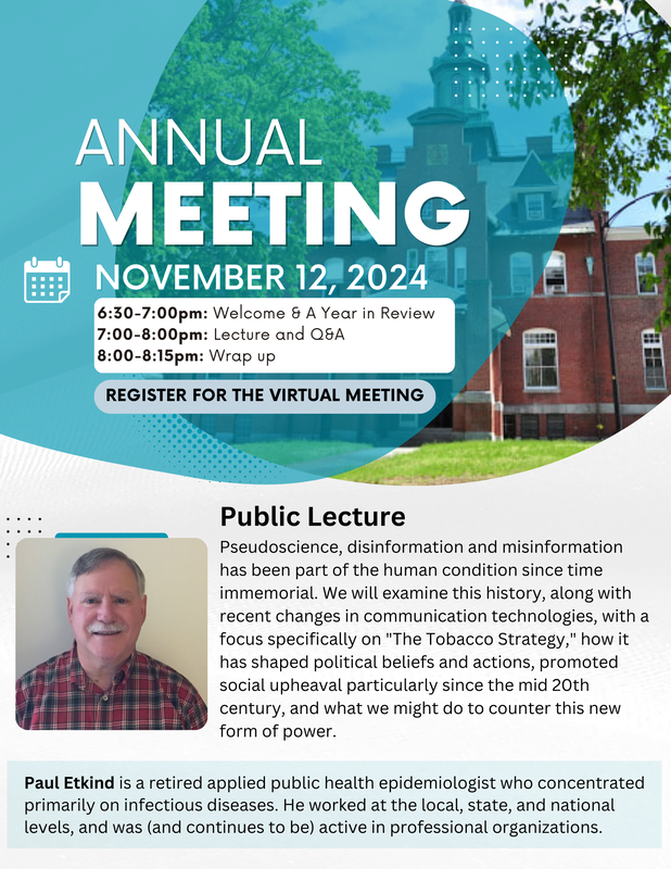 Register for our Virtual  Program - Tuesday evening we'll have Paul Etkind present a public lecture about pseudoscience, its use, and how we can been smart consumers of information. Register: ow.ly/HgAm50U38Er #pseudoscience #smart #publichealth #criticalthinking