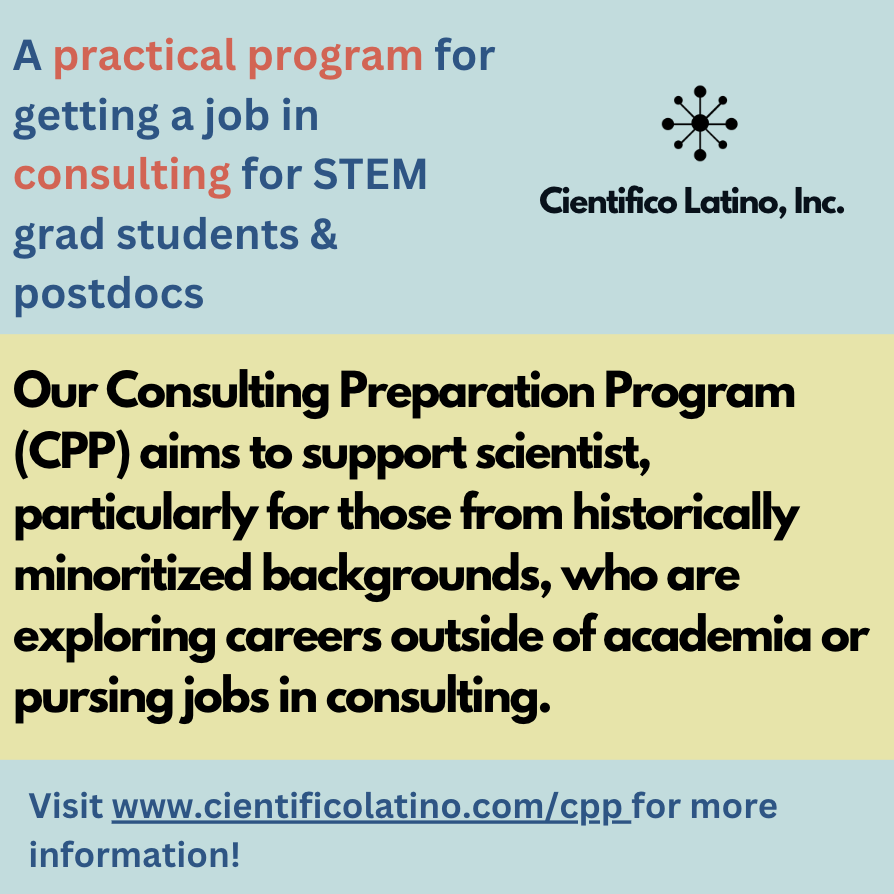 cientificolatin's tweet image. 💼 Are you a STEM grad student or postdoc thinking about applying to jobs in consulting?⁠
⁠
Consulting Preparation Program #CLCPP supports scientists exploring alternative careers or pursuing jobs in consulting.⁠

⏩️ cientificolatino.com/cpp