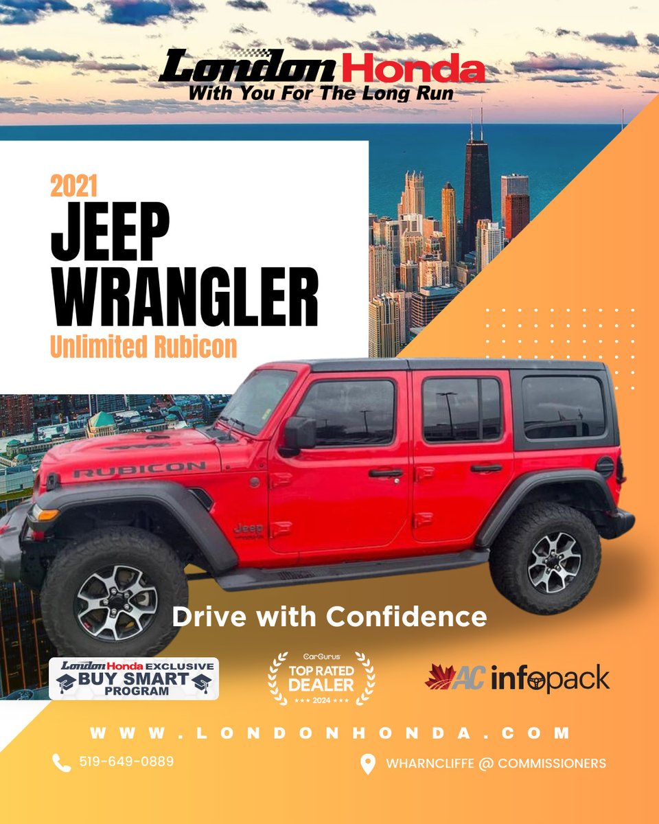 londonhonda's tweet image. 🚨 Just in: 2021 Jeep Wrangler Unlimited Rubicon at Your London Honda! 🔥 Rugged capability + BuySmart value: Best price, 90-day warranty, exchange option. Won't last! Test drive now: 519-649-0889 #JeepLife #LondonHonda #BuySmartProgram
londonhonda.com/inventory/used…