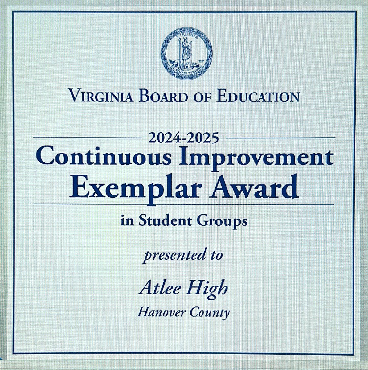 Atlee High School (@atlraidernation) on Twitter photo In a ceremony last week with our Interim Superintendent, Dr. Lisa Pennycuff, Atlee High School was recognized as a recipient of the Continuous Improvement Exemplar Award for demonstrating an increase in achievement in both math and reading! #WeAreAtlee <a href="/HanoverSchools/">Hanover County Public Schools</a> In a ceremony last week with our Interim Superintendent, Dr. Lisa Pennycuff, Atlee High School was recognized as a recipient of the Continuous Improvement Exemplar Award for demonstrating an increase in achievement in both math and reading! #WeAreAtlee <a href="/HanoverSchools/">Hanover County Public Schools</a>