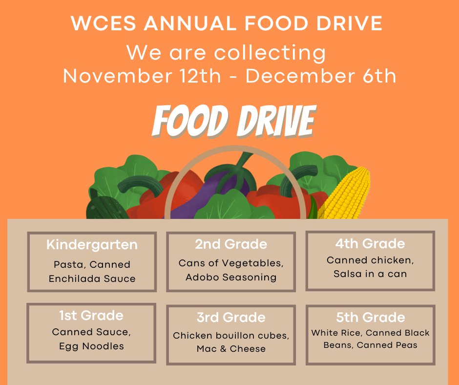 We are collecting food for families in need! Here are the grade level assignments for this year!