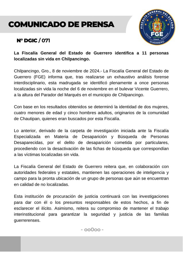 MLopezSanMartin's tweet photo. Confirma la Fiscalía de #Guerrero: los 11 cuerpos hallados en #Chilpancingo eran de los 17 desaparecidos de Chilapa

Mientras los cádaveres eran dejados la noche del miércoles en una camioneta, Evelyn Salgado... cantaba un 'palozamo' en el Partenón de Zihuatanejo https://t.co/yoWomQ1X53