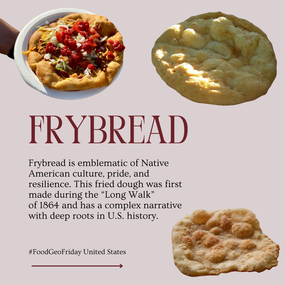 AmericanGeo's tweet photo. #FoodGeoFriday Native American Frybread
Frybread was first created in 1864 as an act of survival. Now, this fried dough is a symbol of strength reclaimed by many cooks and indigenous chefs in North America.
#geography #indigenoushistory #navajo #frybread #food https://t.co/Fgrj4VPXql