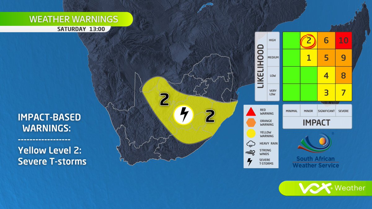 VoxWeatherZa's tweet photo. WEATHER this WEEKEND – 09 to 10 Nov 2024

🌩️ Stormy weekend over central &amp; eastern SA, with POSSIBLE heavy rain, hail &amp; damaging winds

⚠️SAWS Warnings:
🟡Yellow L2: T-storms in parts of KZN, FS, E-Cape &amp; N-Cape

Watch Meteorologist Michelle du Plessis LIVE at 6pm on #VoxWeather https://t.co/0bMSInpPai
