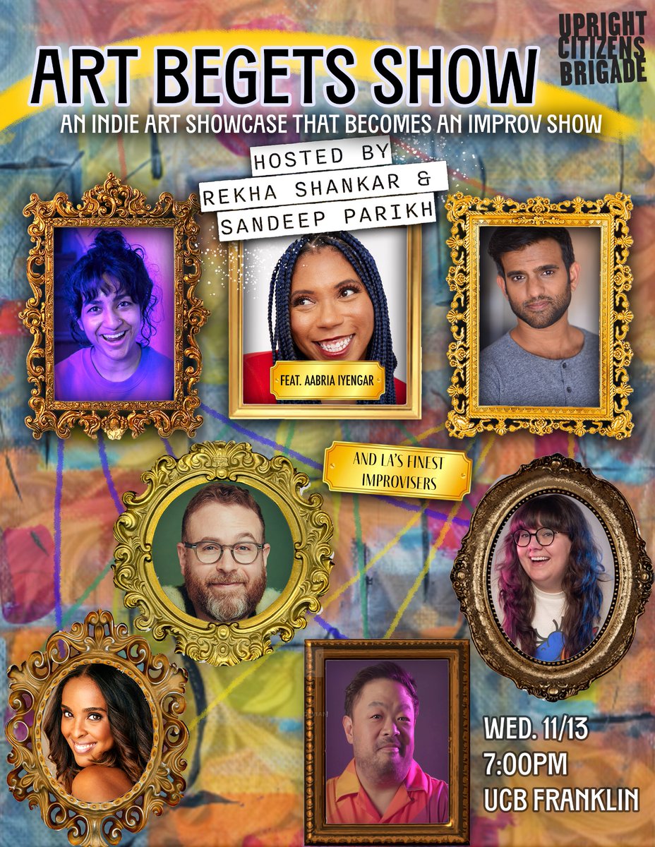 Rekha Shankar (@rekhalshankar) on Twitter photo Wanna see new art by <a href="/quiddie/">Aabria Iyengar #CeasefireNOW</a>?! Then grab tix to this on Wed 11/13 at 7p at UCB LA!
**(Livestream tix avail)**
We’ll showcase Aabria’s art & get the best improvisers you’ve ever seen to do comedy off it. It’ll be v fun and v arty 🎨🤓
Tix here: ucbcomedy.com/show/art-beget… Wanna see new art by <a href="/quiddie/">Aabria Iyengar #CeasefireNOW</a>?! Then grab tix to this on Wed 11/13 at 7p at UCB LA!
**(Livestream tix avail)**
We’ll showcase Aabria’s art & get the best improvisers you’ve ever seen to do comedy off it. It’ll be v fun and v arty 🎨🤓
Tix here: ucbcomedy.com/show/art-beget…