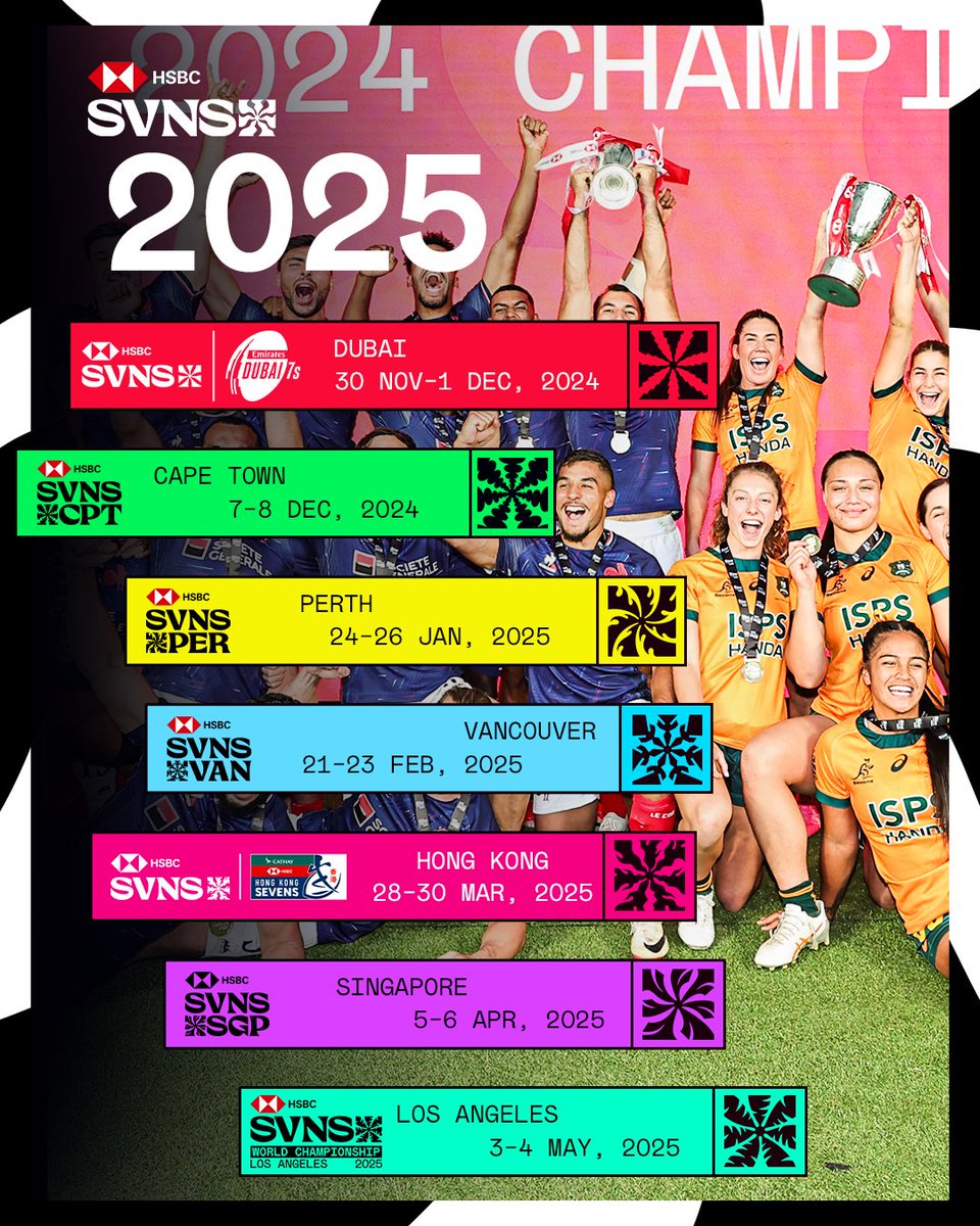 SVNSSeries's tweet photo. Lock those dates in 🔒 🗓️

Who's ready for another belter season of #HSBCSVNS fun on and off the pitch 🎉 https://t.co/pEnEVKaece