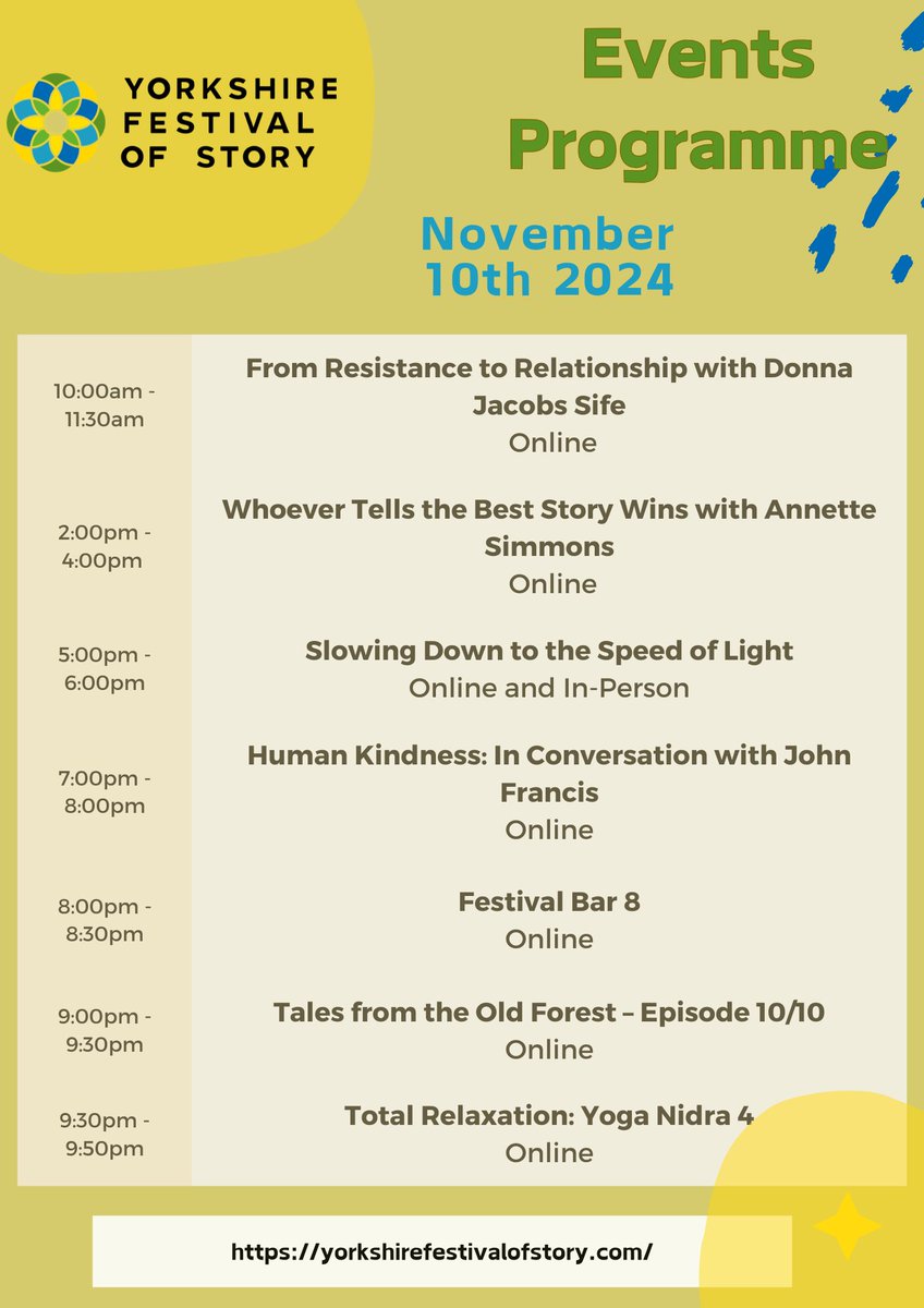 Our final day of #YFOS24 🥲An amazing 10 days celebrating stories, friendship, kindness &amp; much more.🌟We finish off with a collaborative workshop with <a href="/TheStoryFactor/">Annette Simmons</a> , a beautiful show by Jacqueline Harris exploring adult ADHD diagnosis &amp; much more! 👇
yorkshirefestivalofstory.com/programme