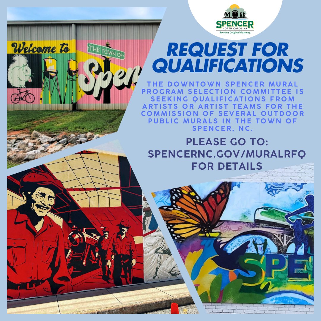 The Downtown Spencer Mural Project Selection Committee is requesting artist qualifications for the commission of several outdoor murals in Spencer, NC. The Town expects to select at least two artists or artist teams to contribute murals to an ongoing mural walk project.