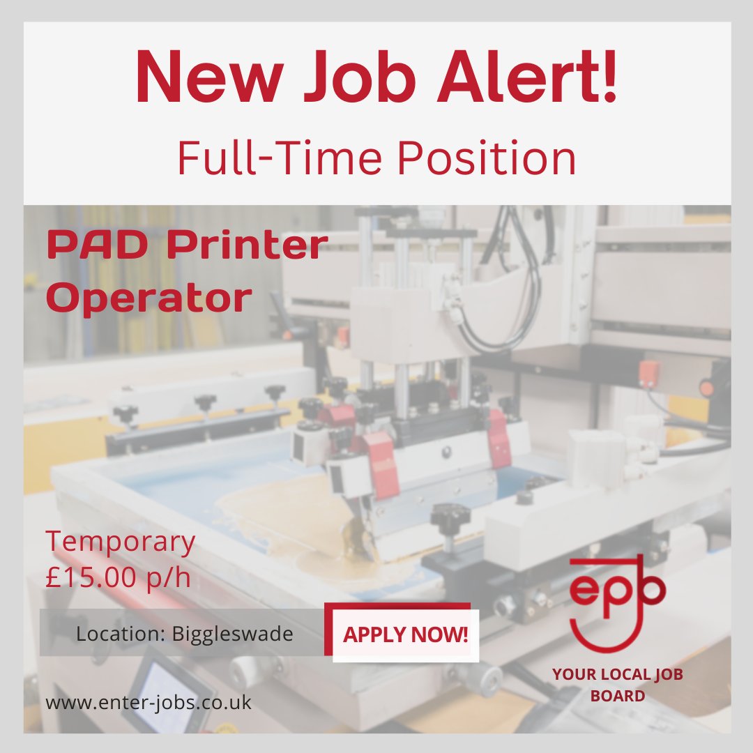 EnterJobs's tweet image. Enterprise Personnel&apos;s client is looking for a PAD Printer Operator in Biggleswade.
Apply now via our website!

#padprinter #padprinting #padprintingmachine #screenprinting #screenprintingworkshop #screenprintinguk #operatingmachinery #operatorjobs #biggleswade #bedfordshire