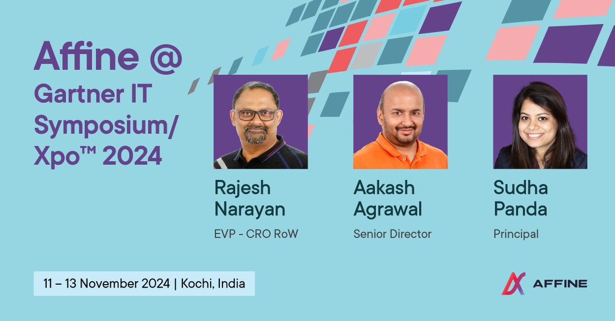 We’re excited to announce that Team Affine will be attending the Gartner IT Symposium/Xpo™ 2024 in Kochi!

Follow us for exclusive insights as Rajesh Narayan, Aakash Agrawal, and Sudha Panda explore the latest in IT innovation. Stay tuned! 

#GartnerSYM #Innovation #Affine