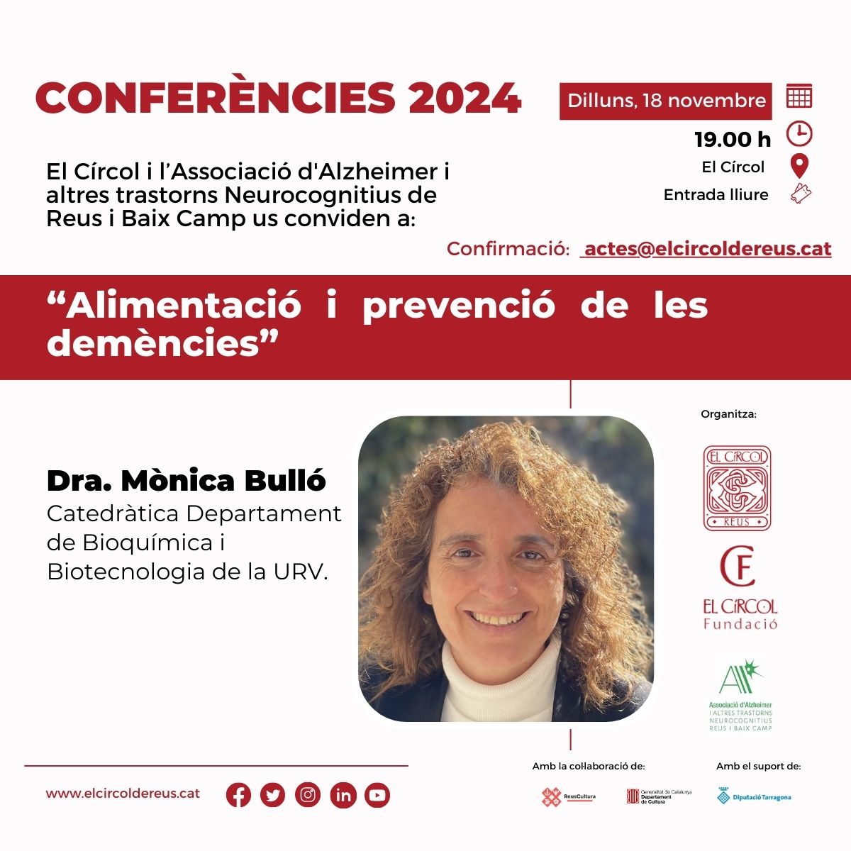 El proper dilluns 18 de novembre a les 19:00 h, la nostra IP <a href="/MonicaBullo/">Mònica Bulló</a> ens parlarà sobre l'alimentació i prevenció de les demències al <a href="/ElCircolReus/">El Círcol de Reus</a>.

Confirma l'assistència a actes@elcircoldereus.cat‼️

<a href="/cienciaURV/">ComCiència URV</a>
<a href="/URVmedicina/">Facultat de Medicina i Ciències de la Salut</a>
<a href="/bioquimicaURV/">Bioquímica URV</a>