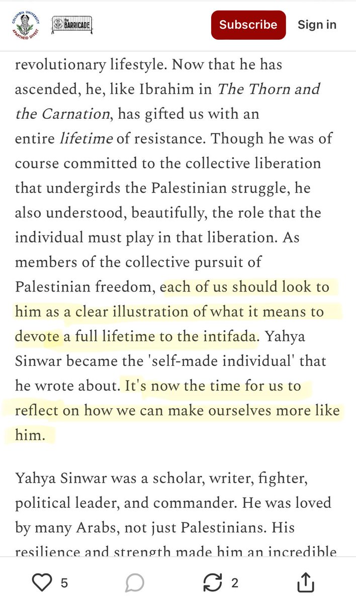 According to CUAD, Yahya Sinwar's crowning glory was sending Hamas on 10/7 to 'go out and murder Zionists'. Now they think it's "time for us to reflect on how we can make ourselves more like him."
<a href="/Columbia/">Columbia University</a> this is not speech that makes Jews 'merely uncomfortable' - it is