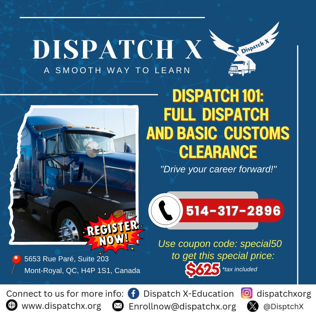 DisptchX's tweet image. Drive your career forward!

Unlock endless opportunities in dispatching and logistics. #DispatchingCareers #LogisticsFuture

Start your journey at dispatchx.org