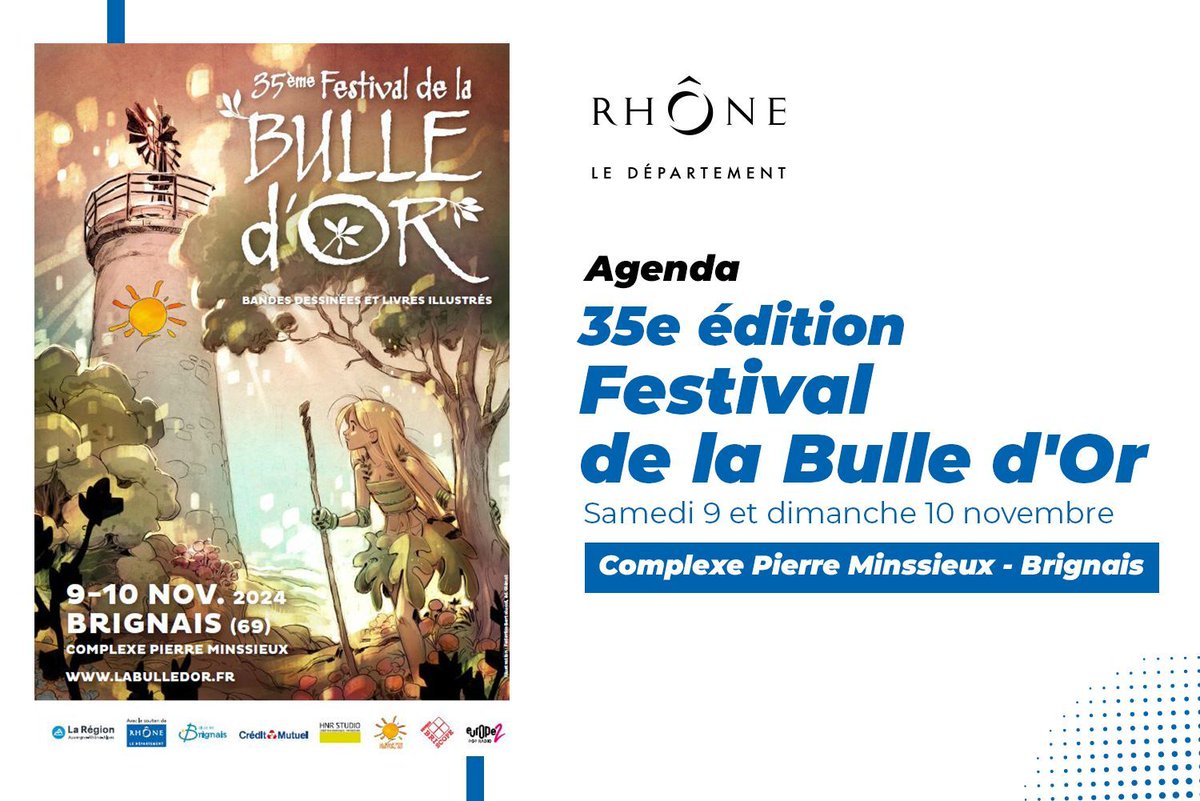 rhone_fr's tweet image. 📢 Le Festival de la Bulle d'Or revient pour sa 35e édition à Brignais ! 📅 RDV les 9 &amp;amp; 10/11 de 10h à 18h pour fêter la BD 🎉 Rencontres avec + de 50 auteurs, ventes, expos et animations familiales ! 🏆 Prix espoir remis le 9/11 à 17h. 

📲  Plus d'infos  buff.ly/3Ce0lL6