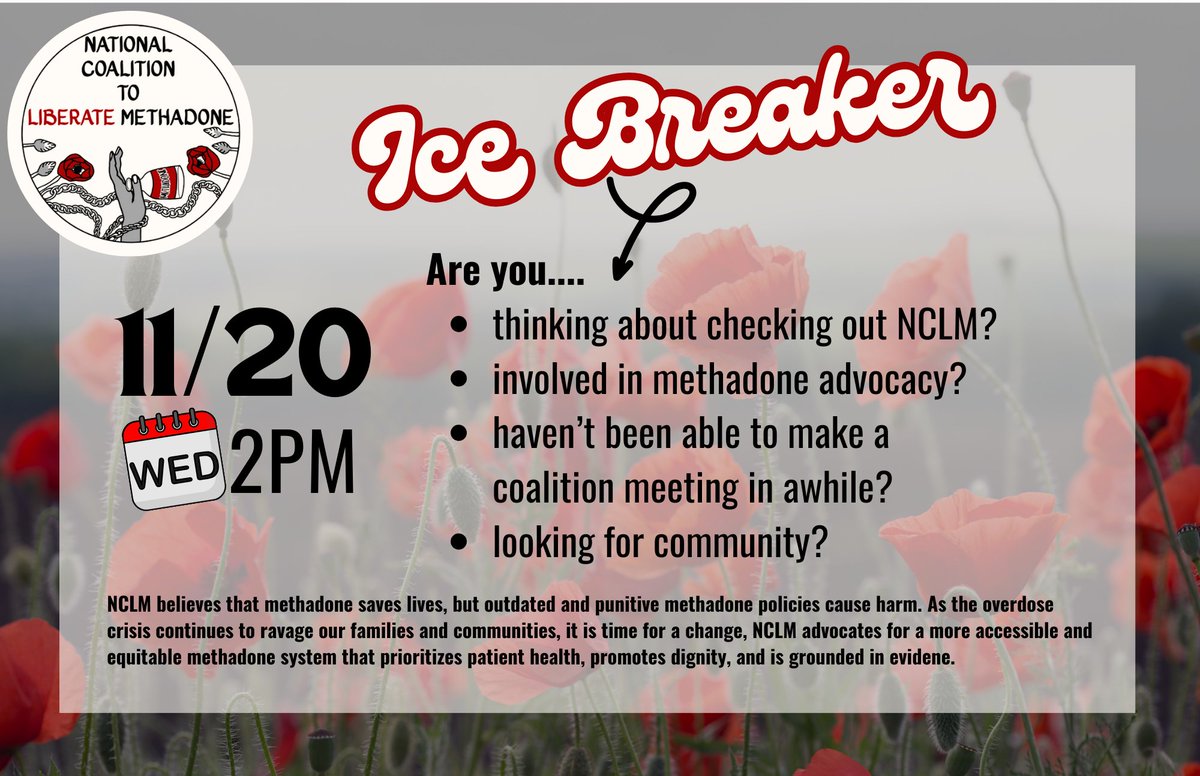 💥JOIN US in building power &amp; liberating methadone💥
Icebreaker mixer - 11/20/24 at 2:00 PM EST
Zoom: pitt.zoom.us/j/96945949091
Get involved: liberatemethadone.org/join-us
#PeopleOverProfits #CancelCrueltyCulture #LiberateMethadone