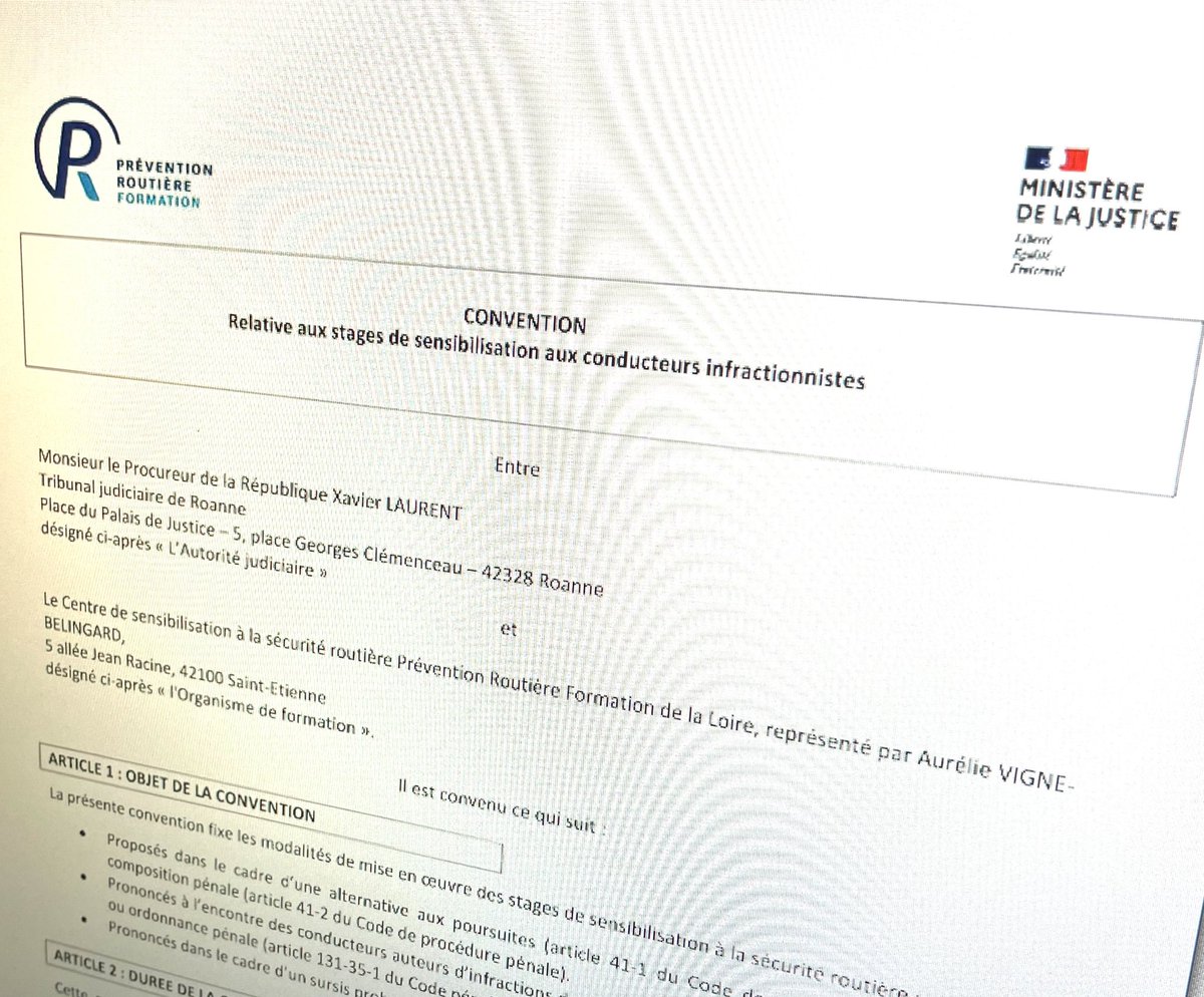 Conclusion ce vendredi 08/11/24 d’une convention entre le tribunal judiciaire de Roanne et Prévention Routière Formation pour la mise en place de stages de sensibilisation à la sécurité routière dans le cadre des alternatives aux poursuites, compositions pénales et condamnations.