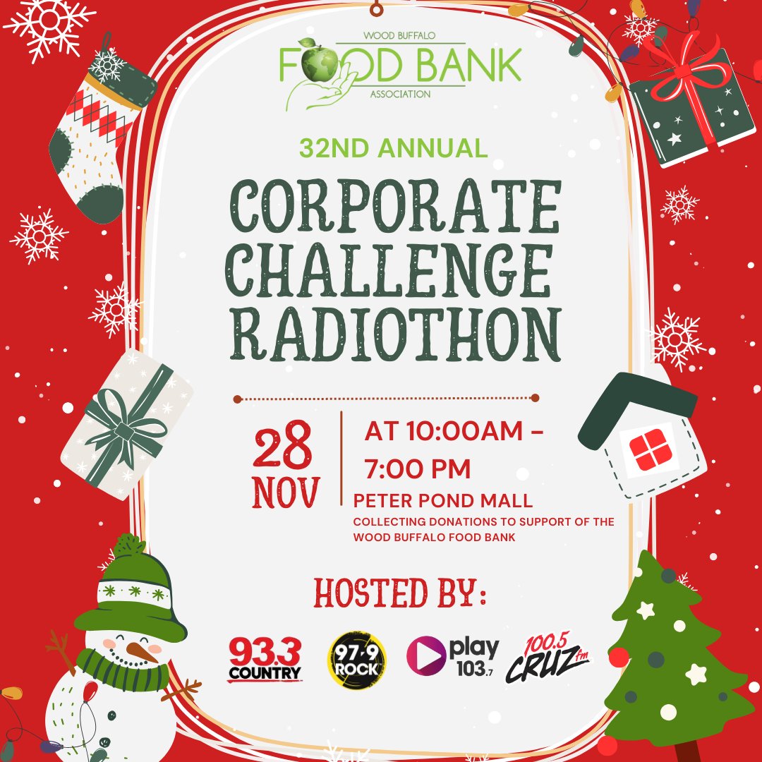 1005CRUZFM's tweet photo. We’re thrilled to join forces with our friends at Rogers to raise funds for the @feedymm! Join us LIVE from Peter Pond Mall on November 28th for this important cause! #HarvardMediaEverywhere https://t.co/9nOKGHbuAT