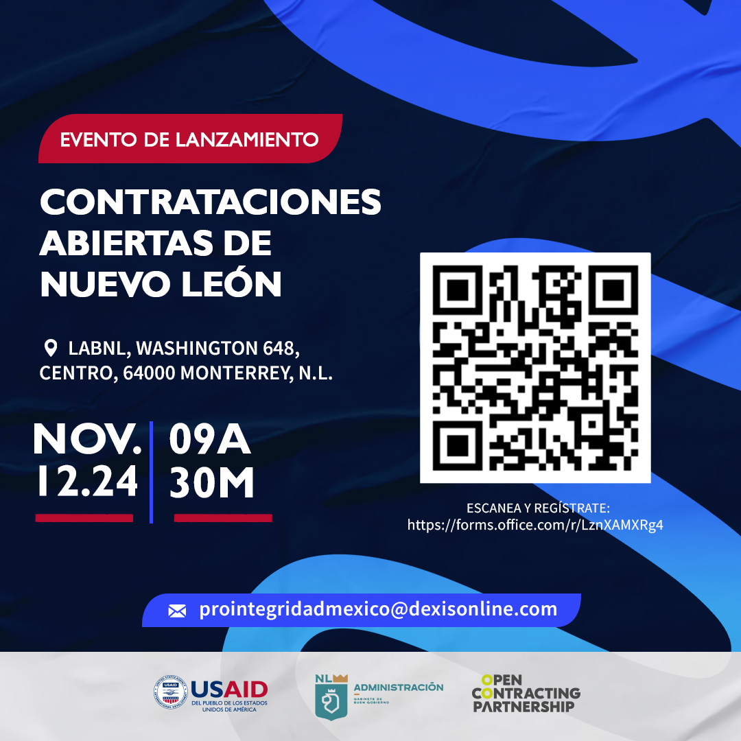 📢 ¡Atención #NuevoLeon!

Les invitamos al Lanzamiento y Taller de #ContratacionesAbiertas del estado.

📆 12 de noviembre

📍LANBL Lab Cultural Ciudadano

🕘 Lanzamiento: 9:30 a.m.

🕙 Taller: 11:30 a.m.

👉 Registro: bit.ly/4ftyQM7