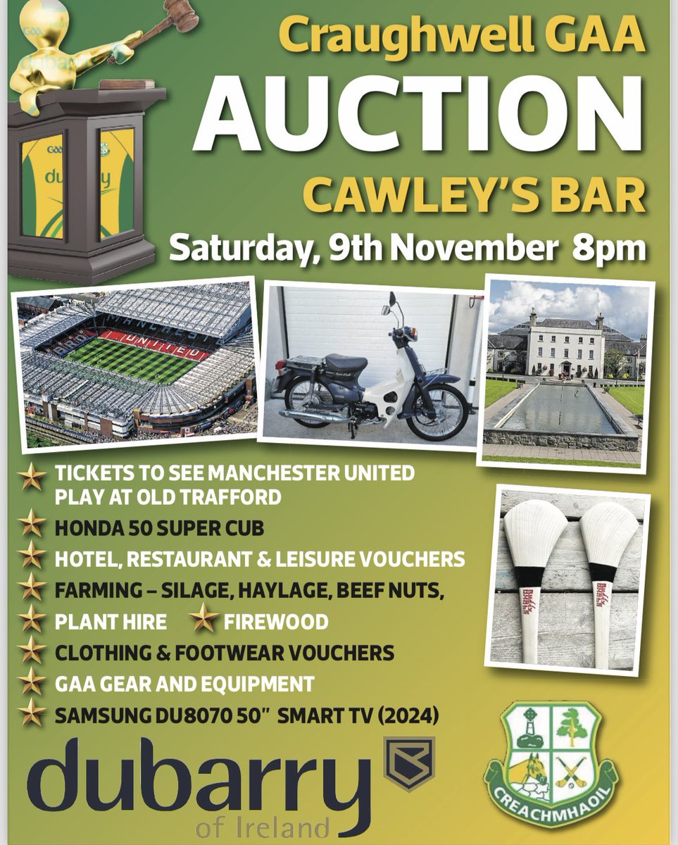 CraughwellGAA's tweet photo. Only one day to go to our biggest night of the year. Our annual Craughwell GAA Club Auction. 

There are some fantastic items up for Auction.

Please come along tomorrow evening at 8pm in Cawley’s Bar. This is a vital fundraiser for our club and all support is welcome 💚💛 https://t.co/OLAbjdIQCb