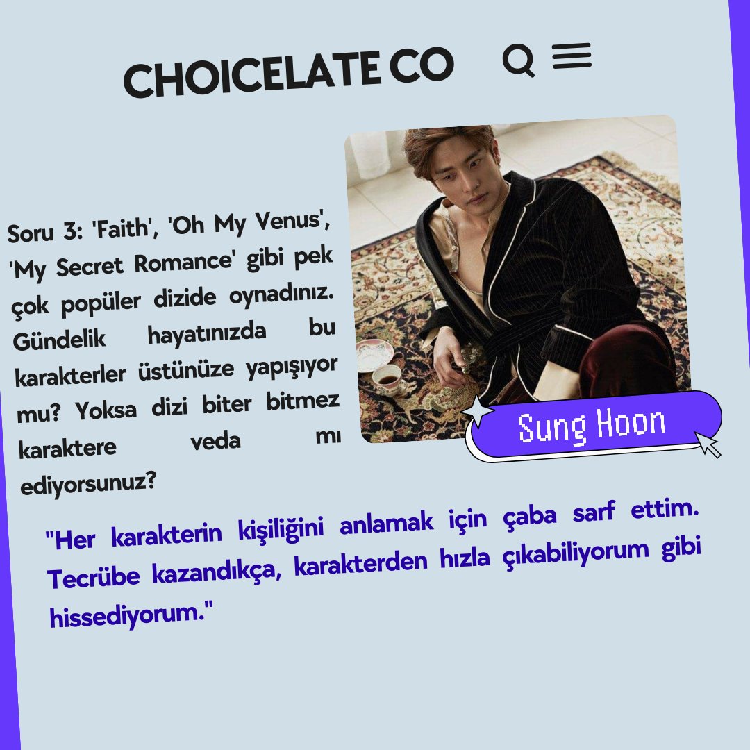 Choicelateco's tweet photo. Sung Hoon'un karakterlerin etkisinden ne zamanla çıktığını, ideal tipini ve Türk kaymağı deneyip denemediğini merak ettik.
(2/3)
#bangsunghoon #sunghoon #성훈 #방성훈 #Roii #röportaj https://t.co/yafR4b9Wtg
