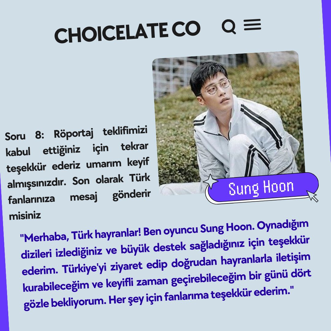 Choicelateco's tweet photo. Sung Hoon ile son dizilerinden Death's Game hakkında sorduk. Ayrıca bizle özel bir TMI paylaştı. Son olarak Türk fanlarına mesaj gönderdi.
(3/3)
#bangsunghoon #sunghoon #성훈 #방성훈 #Roii #röportaj https://t.co/ECs0lRBpqq