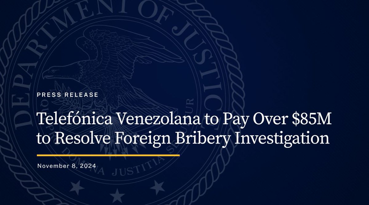 DOJCrimDiv's tweet image. Telefónica Venezolana to Pay Over $85M to Resolve Foreign Bribery Investigation

🔗: justice.gov/opa/pr/telefon…