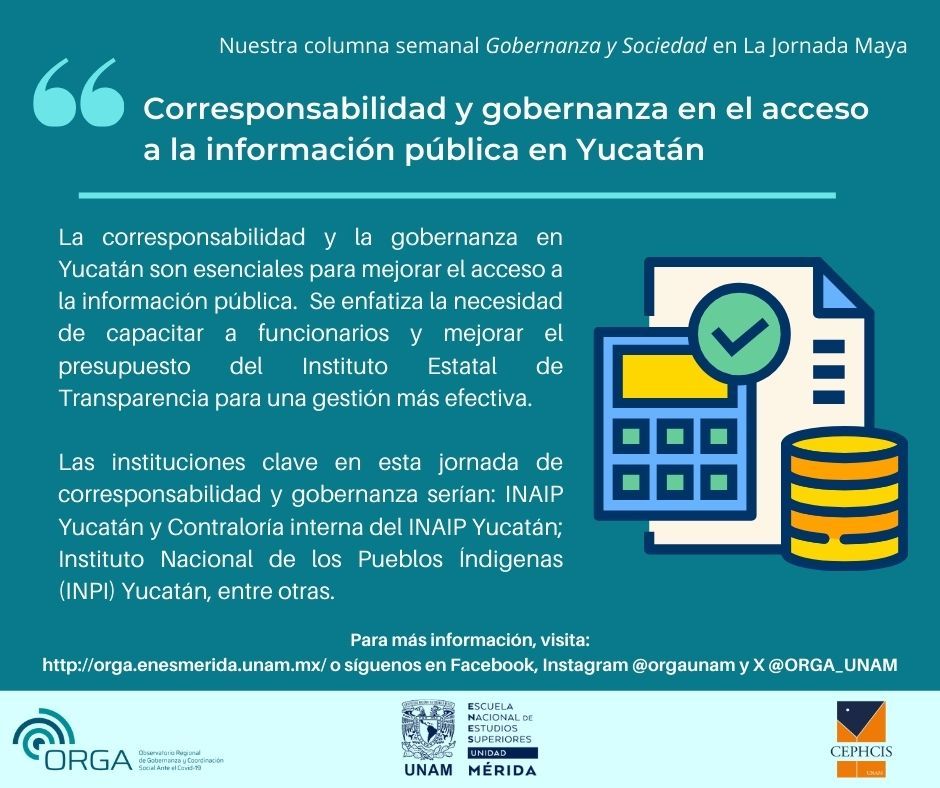 📣 Te invitamos a leer nuestro artículo "Corresponsabilidad y gobernanza en el acceso a la información pública en Yucatán"  La corresponsabilidad entre ciudadanos y autoridades puede mejorar la transparencia y fortalecer la gobernanza en el estado🙋. 

#ORGA #UNAM #Transparencia