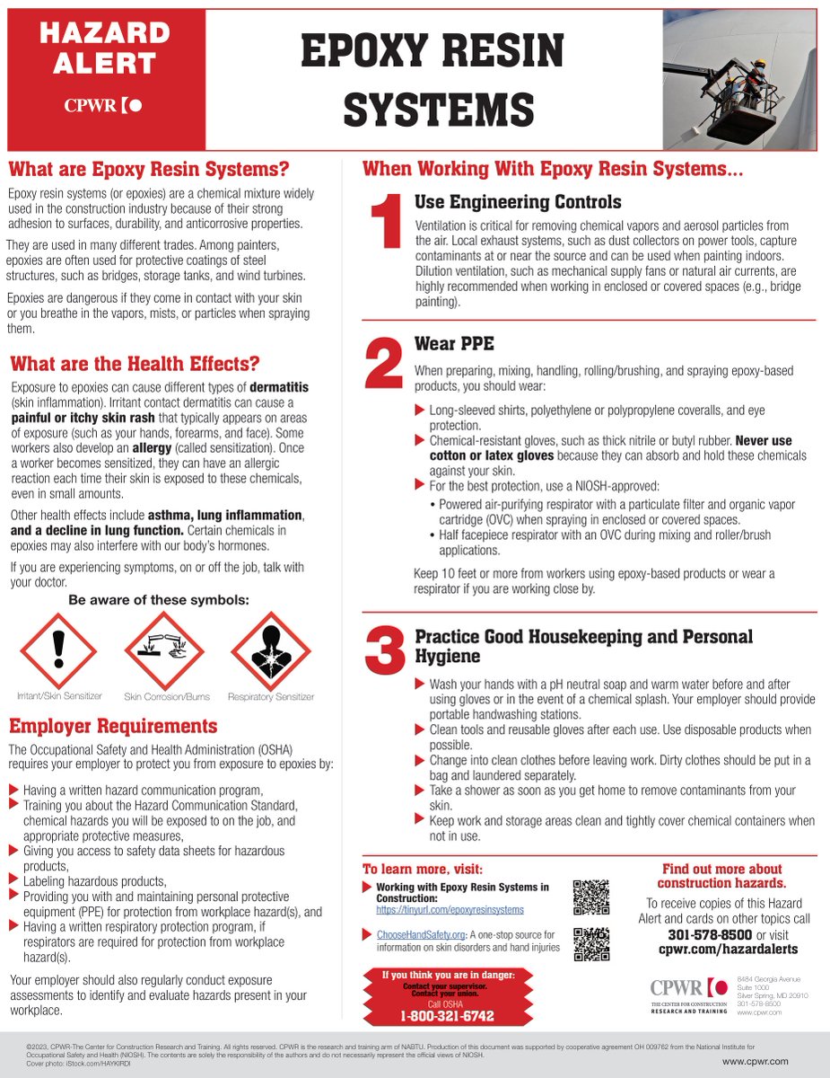 rafacifuentes's tweet photo. #SaludLaboral | Exposición a EPOXY Resinas, un agente químico asociado a dermatitis, inducción de asma.
vía @cpwr
#OSHA #CPWR #HazardAlerts
#SaludOcupacional #SST #HSE
#PRL #HigieneOcupacional
#MedicinaOcupacional
#EnfermedadesProfesionales https://t.co/iv3XVPXNFE