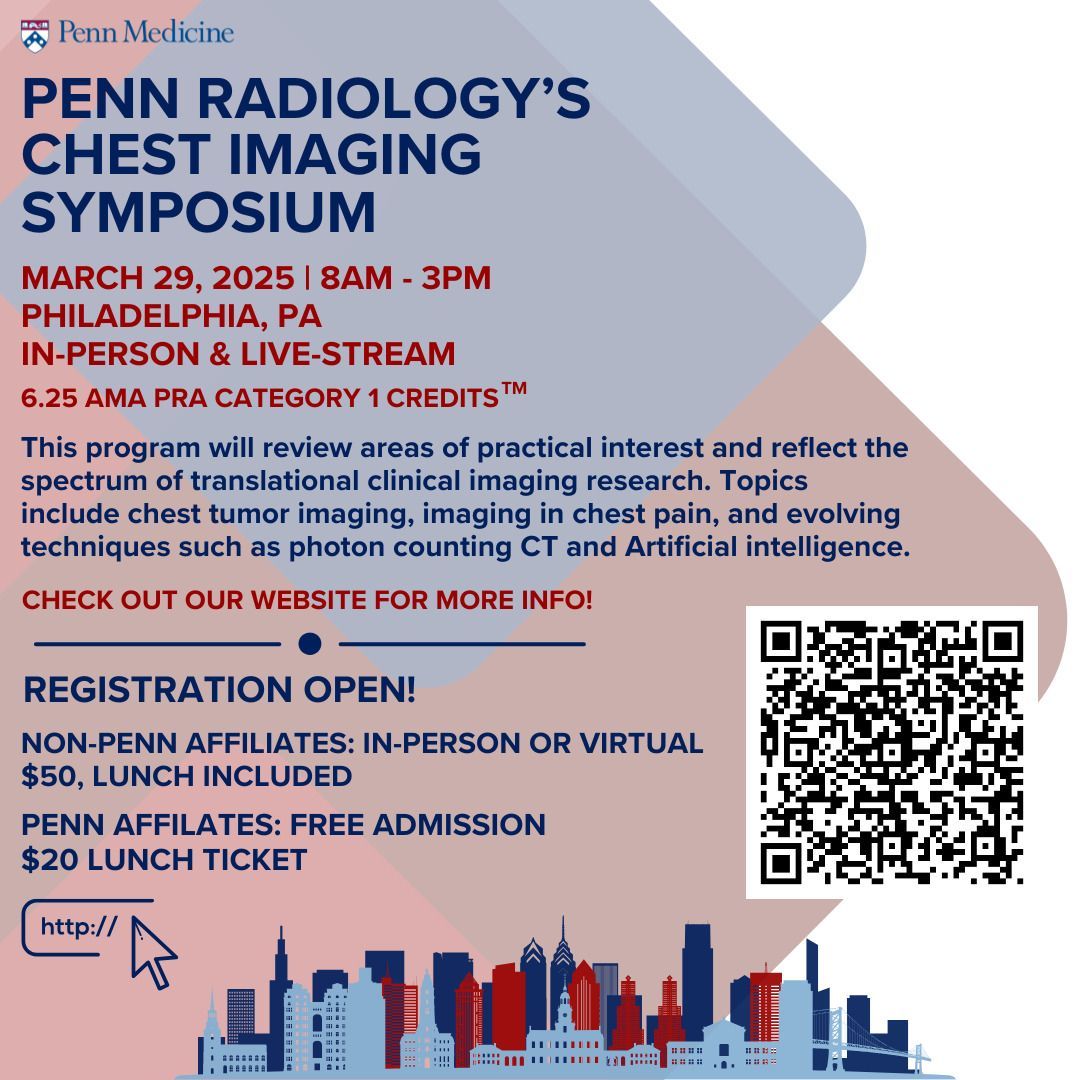 NASCI (@nascisociety) on Twitter photo Registration is open for Penn Radiology's Chest Imaging Symposium! Taking place In-Person in Philadelphia & Virtually on March 29, 2025 from 8am - 3pm ET.
Scan the QR Code to Learn More & Register, or go to buff.ly/3YXLvS9
#cardiovascularimaging <a href="/PennRadiology/">Penn Radiology</a> Registration is open for Penn Radiology's Chest Imaging Symposium! Taking place In-Person in Philadelphia & Virtually on March 29, 2025 from 8am - 3pm ET.
Scan the QR Code to Learn More & Register, or go to buff.ly/3YXLvS9
#cardiovascularimaging <a href="/PennRadiology/">Penn Radiology</a>